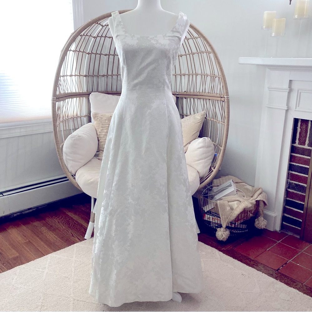Vintage Jessica McClintock Gunne Sax White Jacquard Gown 5/6 USA Bridal Formal